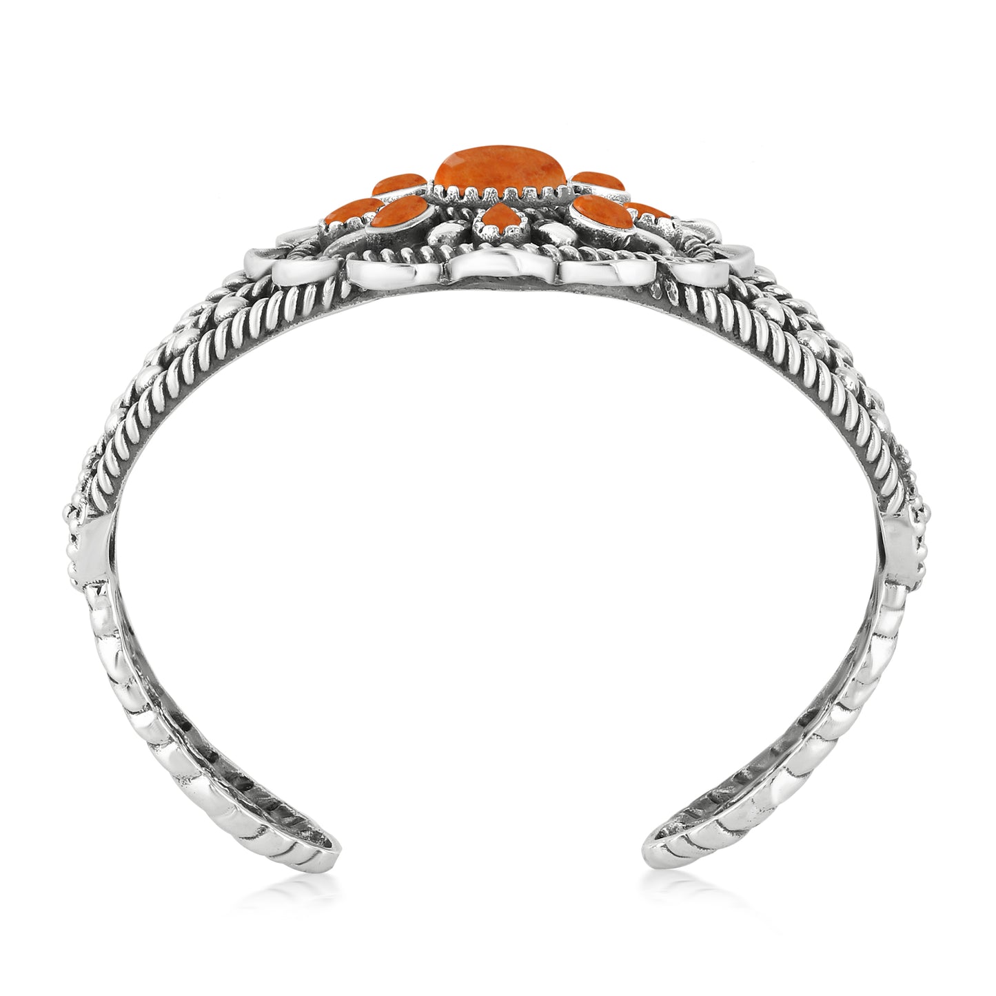 Southwestern Orange Spiny Oyster Wildflower Sterling Silver Rope Cuff Bracelet, Sizes Small - Large
