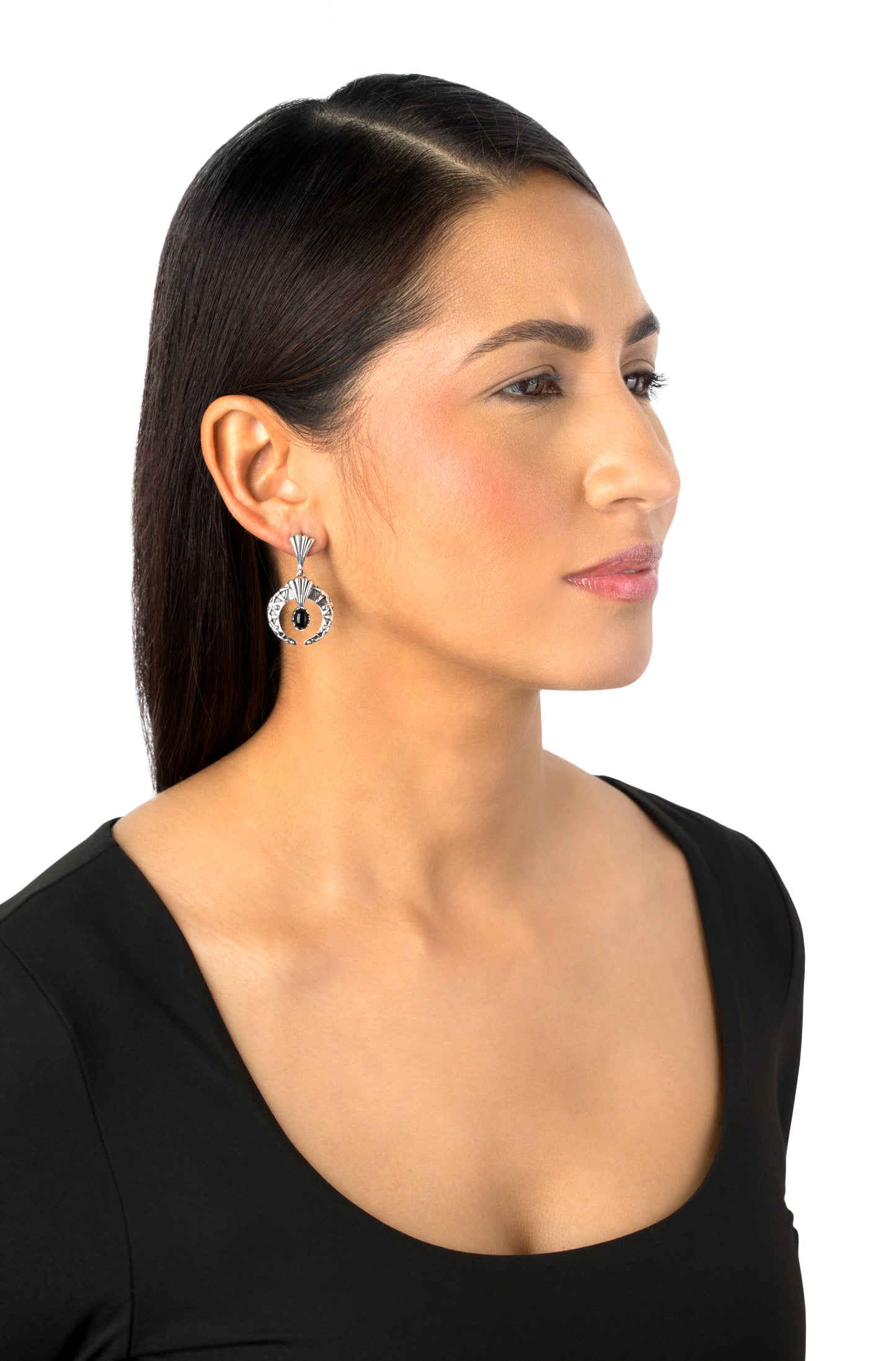 Sterling Silver Black Agate Fritz Casuse Oval Gemstone Naja Earrings