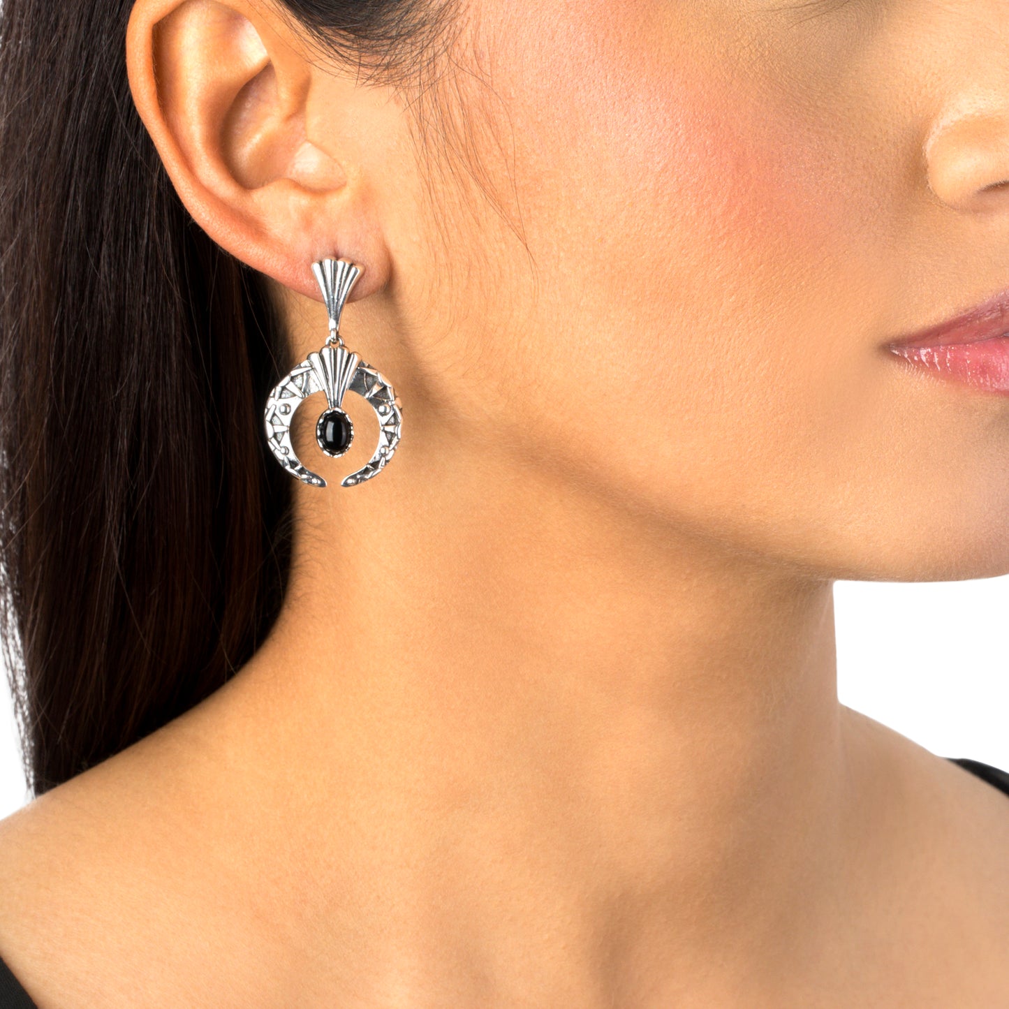 Sterling Silver Black Agate Fritz Casuse Oval Gemstone Naja Earrings