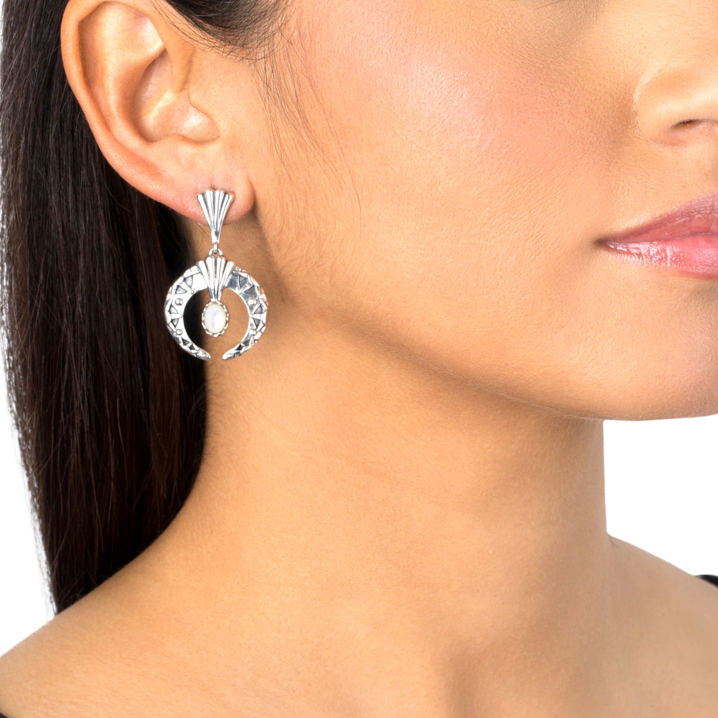 Sterling Silver White Mother of Pearl Fritz Casuse Oval Gemstone Naja Earrings