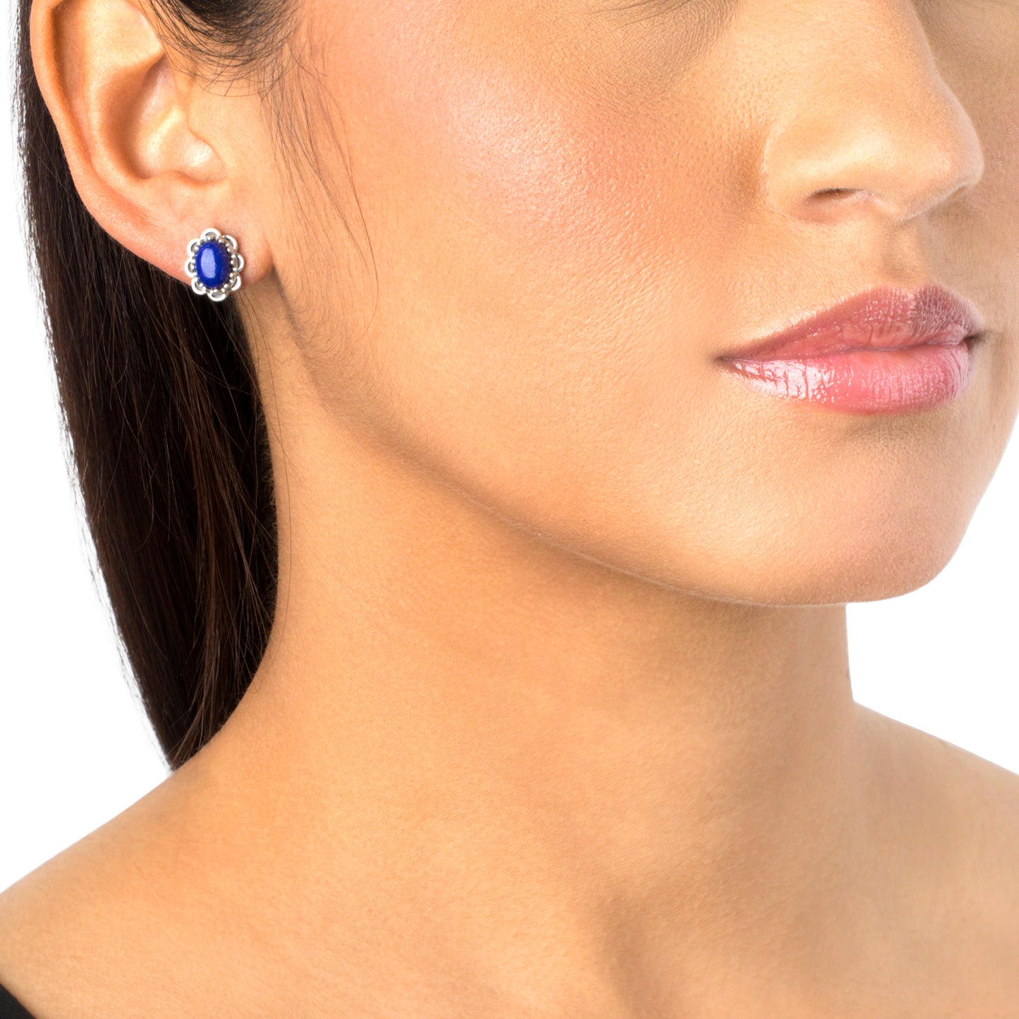 EXCLUSIVELY OURS! Sterling Silver Lapis Concha Flower Stud Earrings