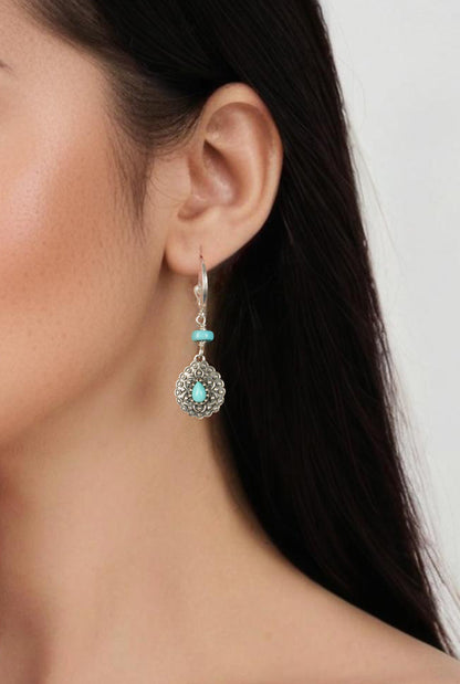 Sterling Silver Kingman Turquoise Pear-Shaped Concha Lever Back Earrings