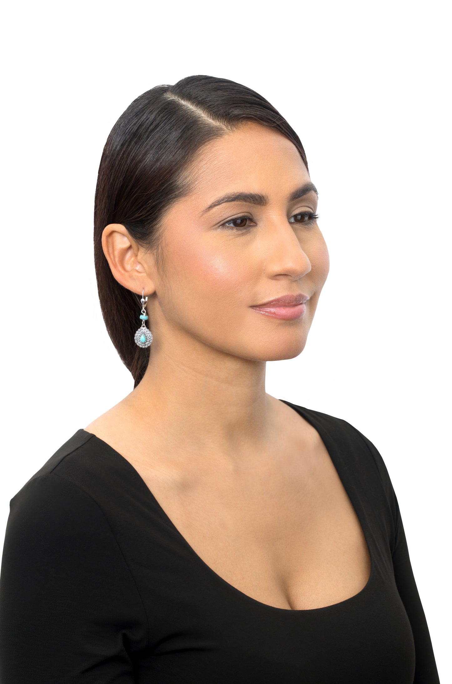Sterling Silver Kingman Turquoise Pear-Shaped Concha Lever Back Earrings