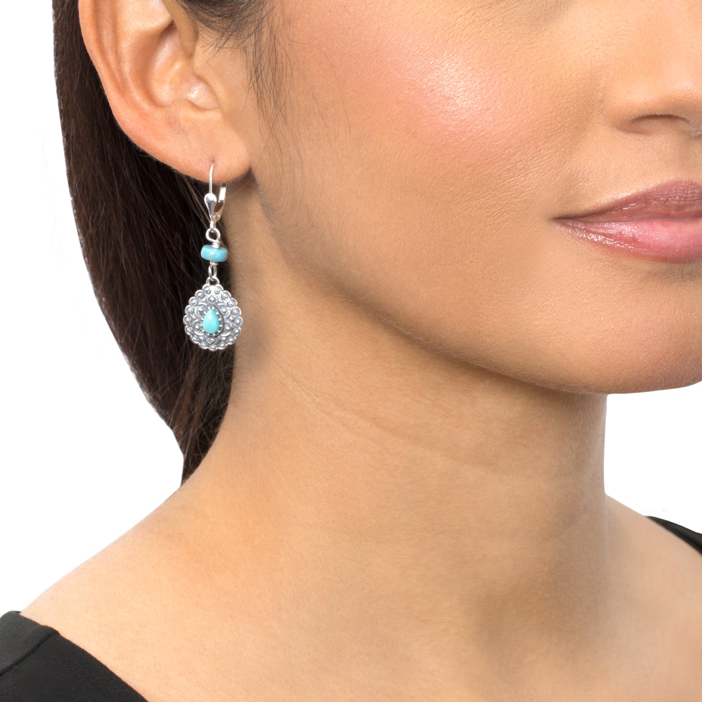 Sterling Silver Kingman Turquoise Pear-Shaped Concha Lever Back Earrings