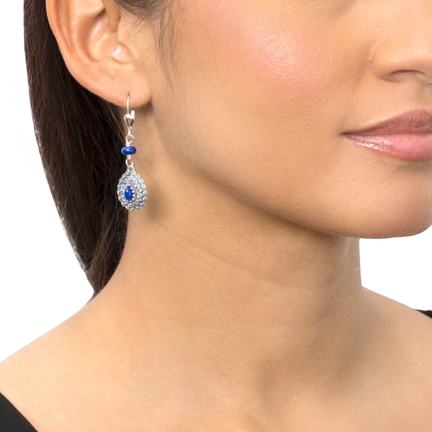 Sterling Silver Lapis Pear-Shaped Concha Lever Back Earrings