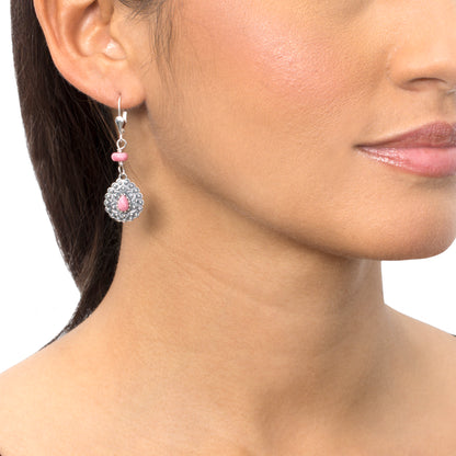 Sterling Silver Rhodonite Pear-Shaped Concha Lever Back Earrings