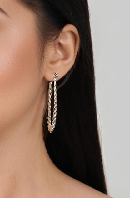 Sterling Silver Elongated Oval Rope Textured Hoop Earrings