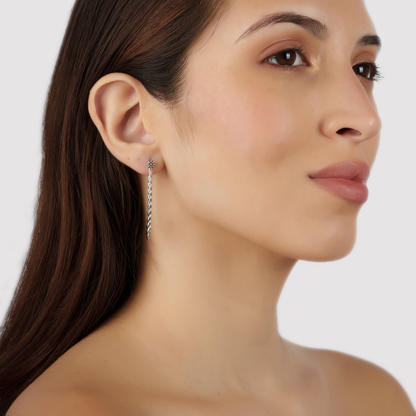 Sterling Silver Elongated Oval Rope Textured Hoop Earrings