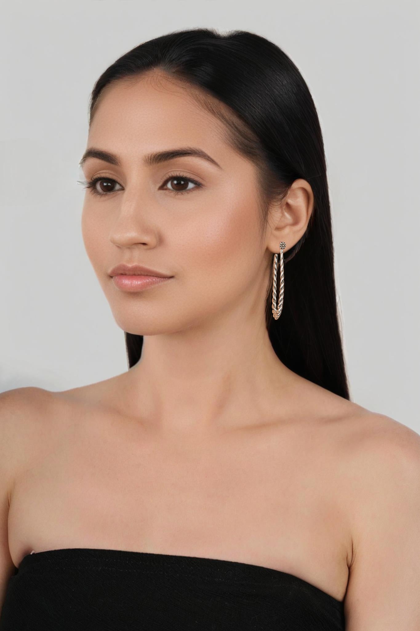 Sterling Silver Elongated Oval Rope Textured Hoop Earrings