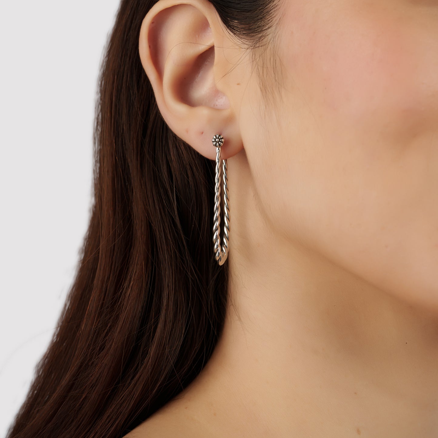 Sterling Silver Elongated Oval Rope Textured Hoop Earrings