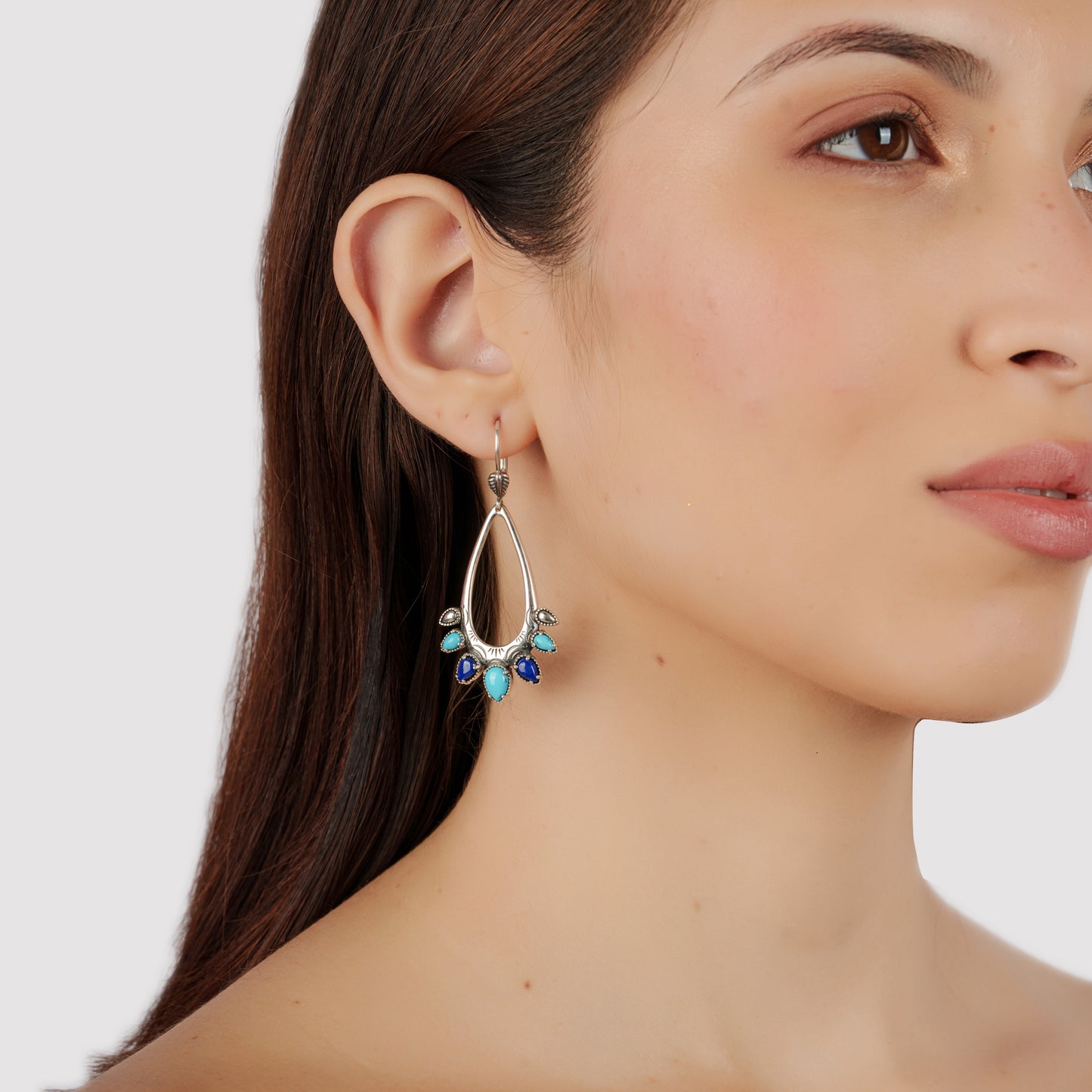 Sterling Silver Sleeping Beauty Turquoise and Lapis Open Pear Gemstone Lever Back Earrings