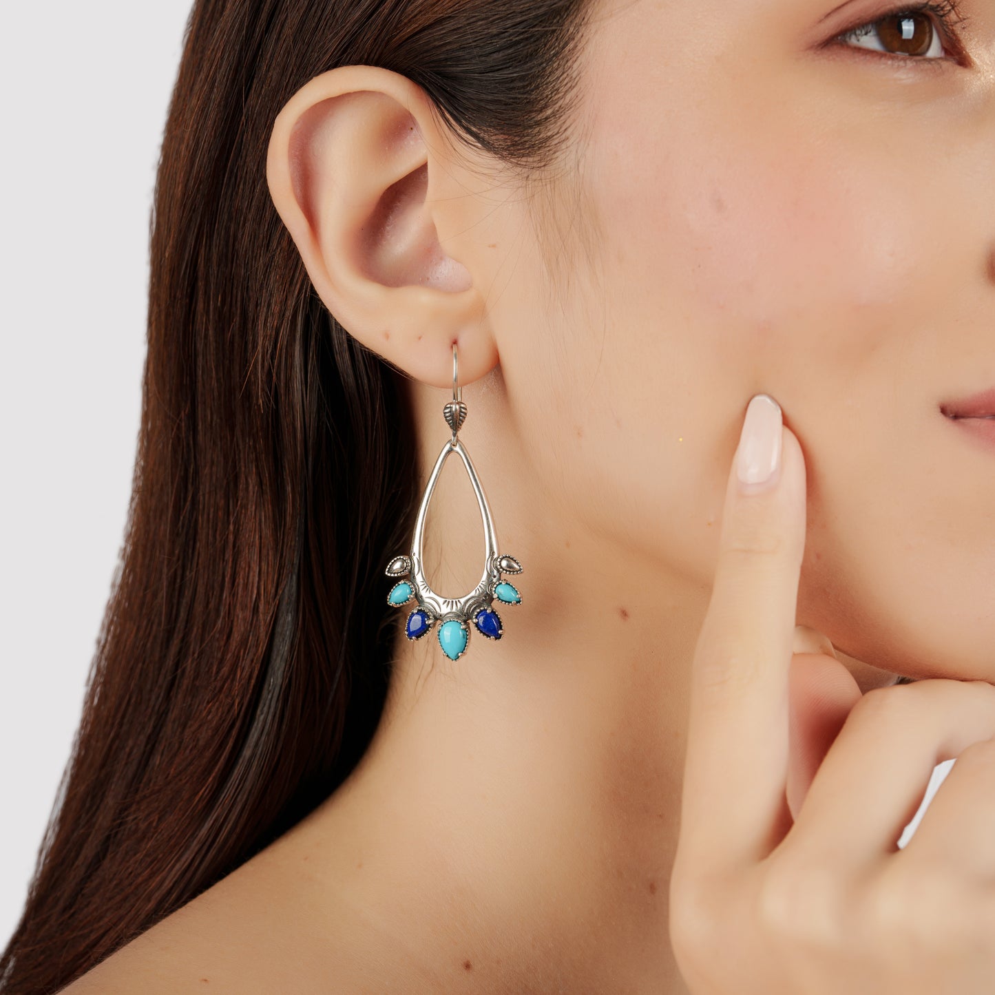 Sterling Silver Sleeping Beauty Turquoise and Lapis Open Pear Gemstone Lever Back Earrings