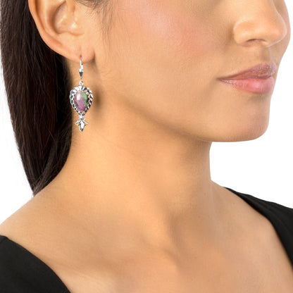 Sterling Silver Ruby Zoisite Pear-Cut Squash Blossom Lever Back Dangle Earrings