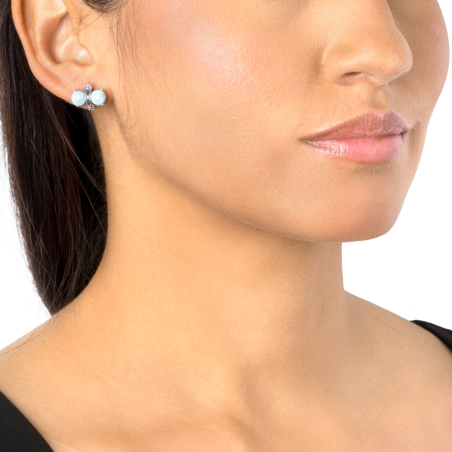 Sterling Silver Round Larimar Concha Stud Earrings