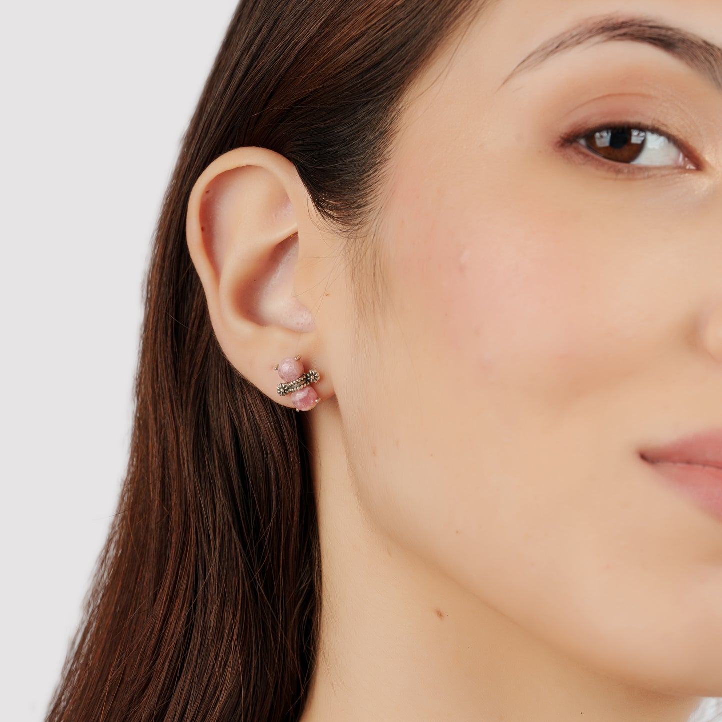 Sterling Silver Round Rhodochrosite Concha Stud Earrings