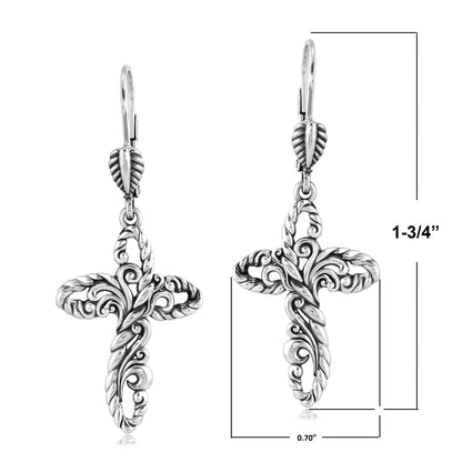 EXCLUSIVELY OURS! Sterling Silver Rope and Filigree Cross Lever Back Dangle Earrings