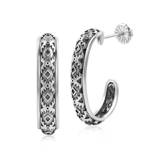 Sterling Silver Patterned J-Hoop 1 Inch Earrings