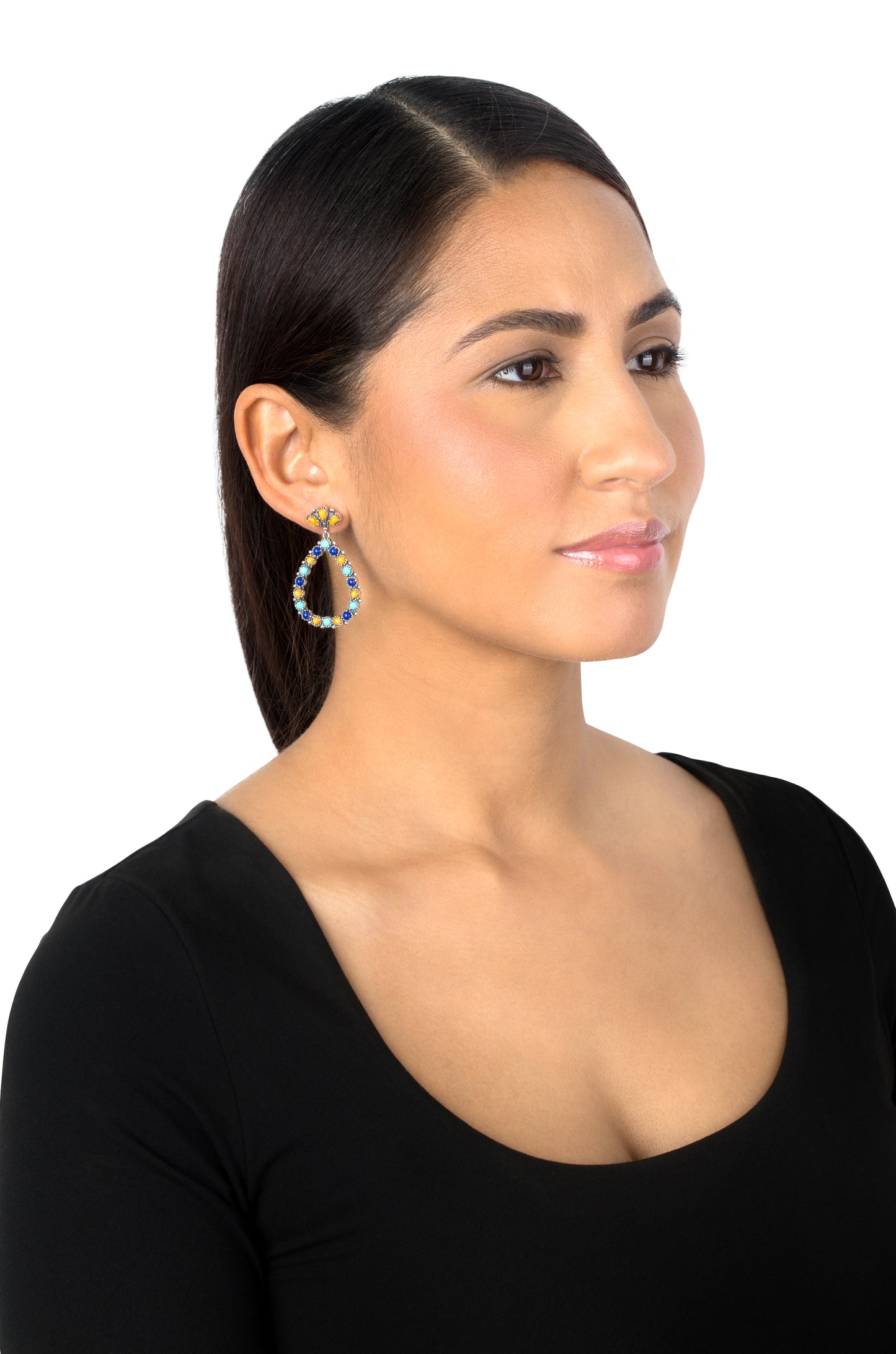 Sterling Silver Orange Spiny Oyster, Sleeping Beauty Turquoise and Lapis Teardrop Post Back Earrings