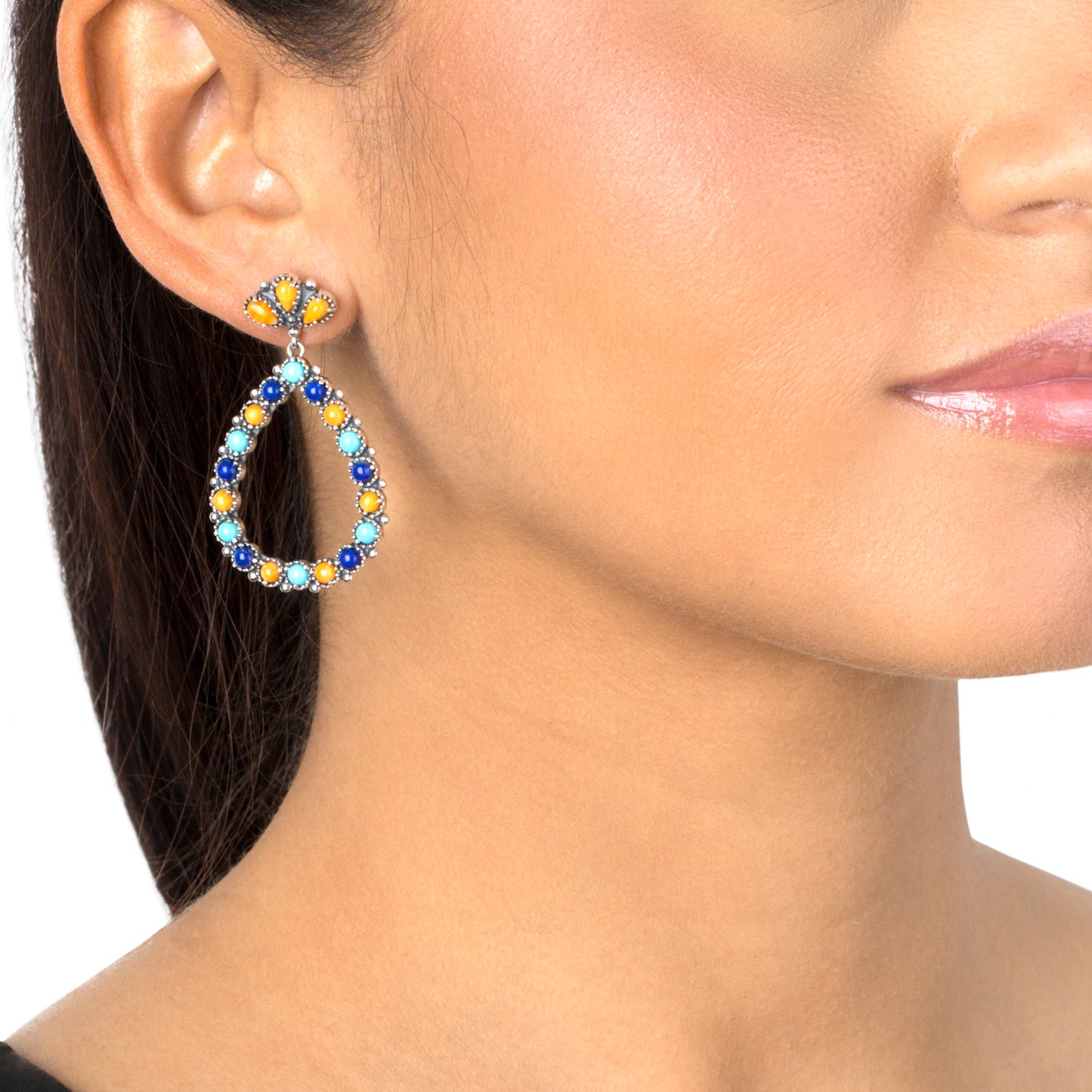 Sterling Silver Orange Spiny Oyster, Sleeping Beauty Turquoise and Lapis Teardrop Post Back Earrings