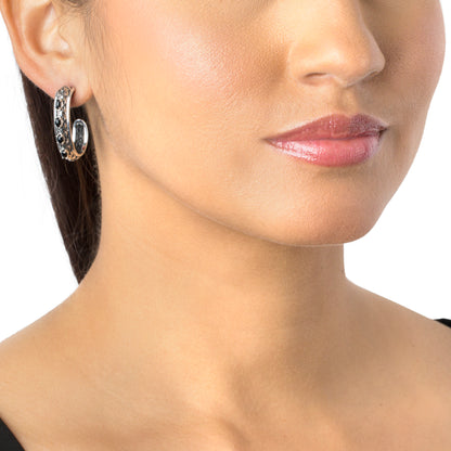 Sterling Silver Black Onyx Patterned J-Hoop 1 Inch Earrings