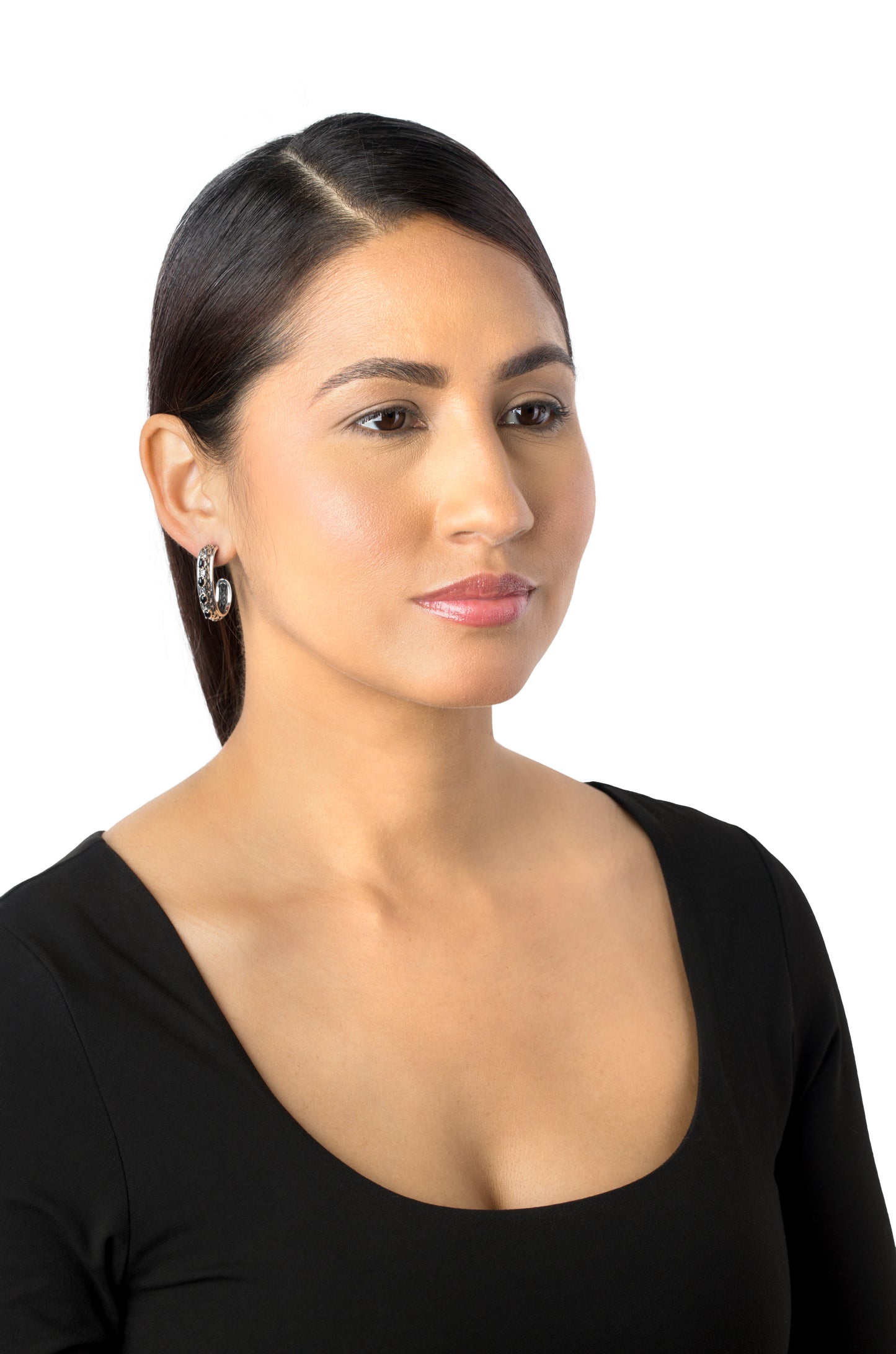 Sterling Silver Black Onyx Patterned J-Hoop 1 Inch Earrings