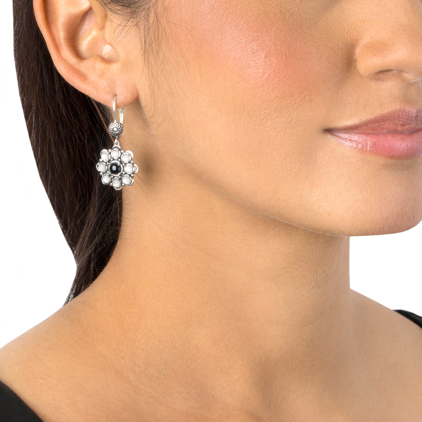 EXCLUSIVELY OURS! Sterling Silver Black Onyx and White Mother of Pearl Flower Cluster Earrings