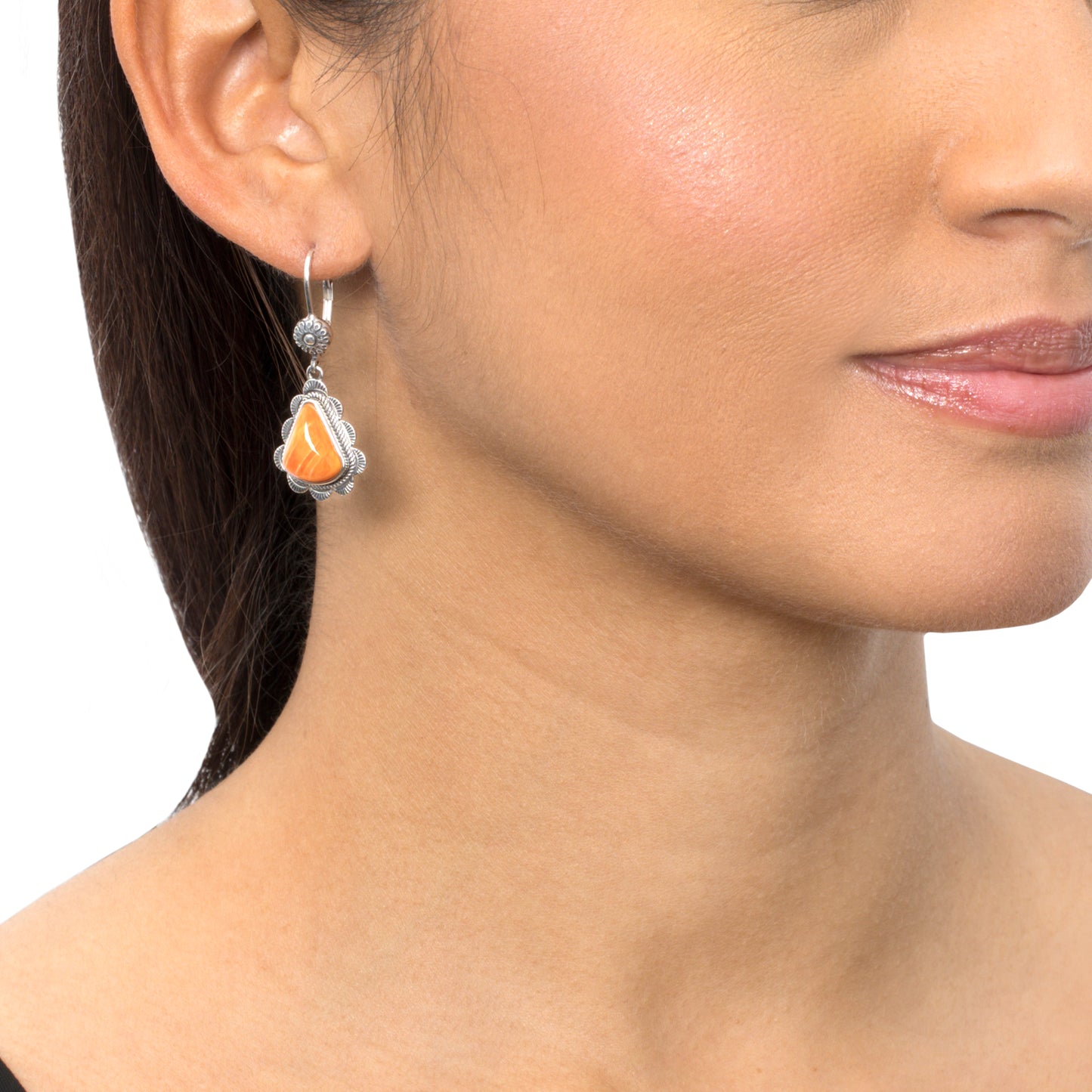 LIMITED EDITION! Sterling Silver Orange Spiny Oyster Scalloped Triangle Cut Dangle Earrings