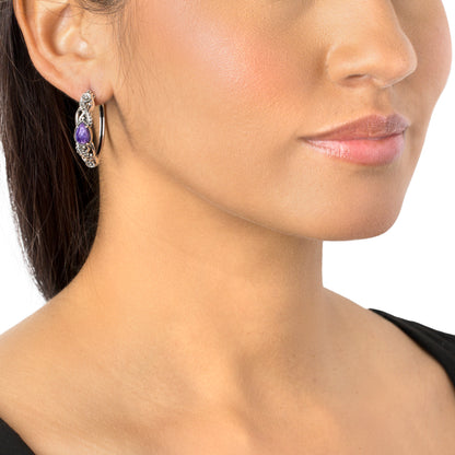 EXCLUSIVELY OURS! Sterling Silver Charoite Vine and Leaf Hoop Earrings