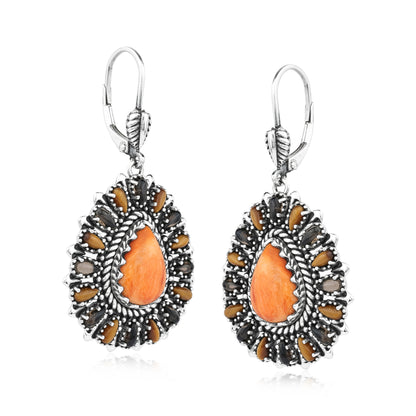 Sterling Silver Orange Spiny Oyster, Tiger's Eye, and Smoky Quartz Cluster Pear Shaped Dangle Earrings