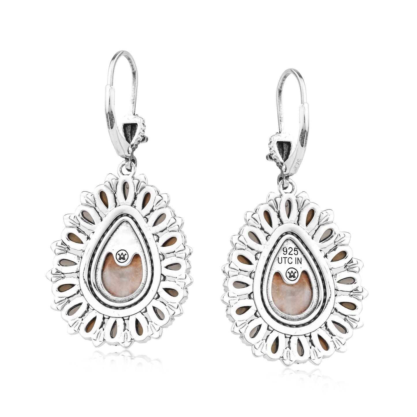 Sterling Silver Orange Spiny Oyster, Tiger's Eye, and Smoky Quartz Cluster Pear Shaped Dangle Earrings