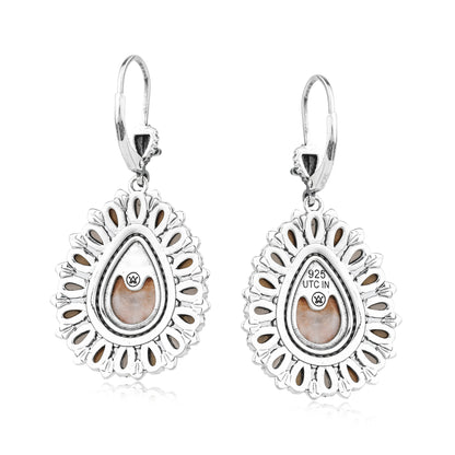 Sterling Silver Orange Spiny Oyster, Tiger's Eye, and Smoky Quartz Cluster Pear Shaped Dangle Earrings