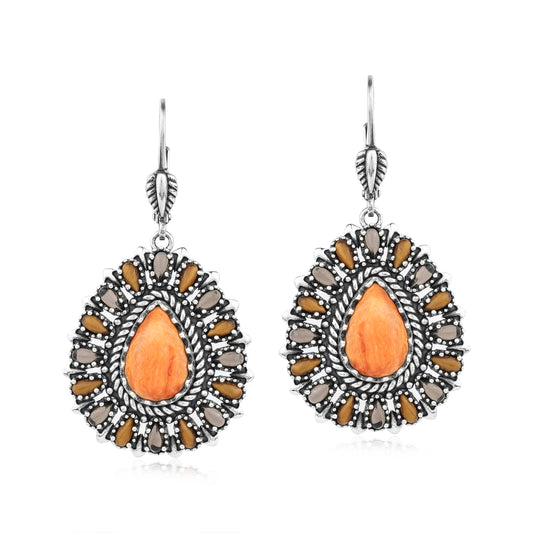 Sterling Silver Orange Spiny Oyster, Tiger's Eye, and Smoky Quartz Cluster Pear Shaped Dangle Earrings