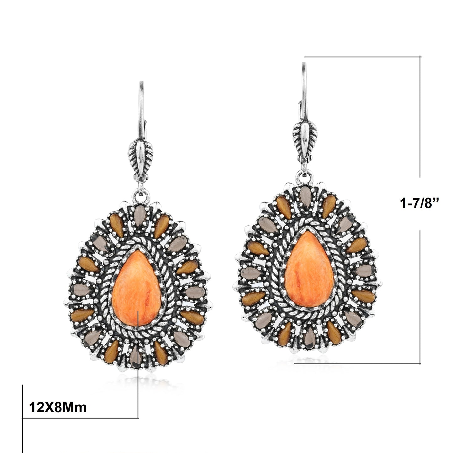 Sterling Silver Orange Spiny Oyster, Tiger's Eye, and Smoky Quartz Cluster Pear Shaped Dangle Earrings