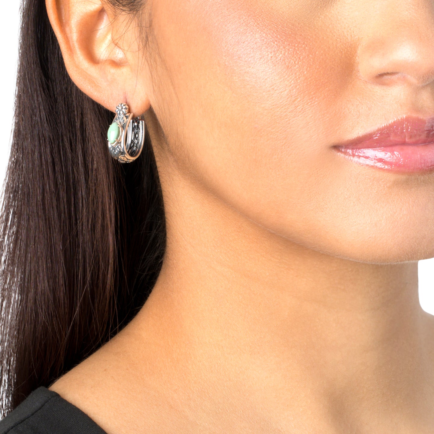 Sterling Silver Green Turquoise Marquise Cut Huggie Hoop Earrings