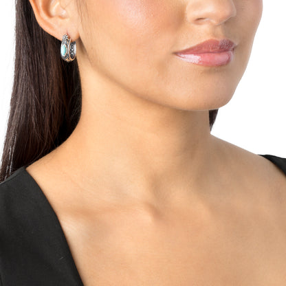 Sterling Silver Kingman Turquoise Marquise Cut Huggie Hoop Earrings