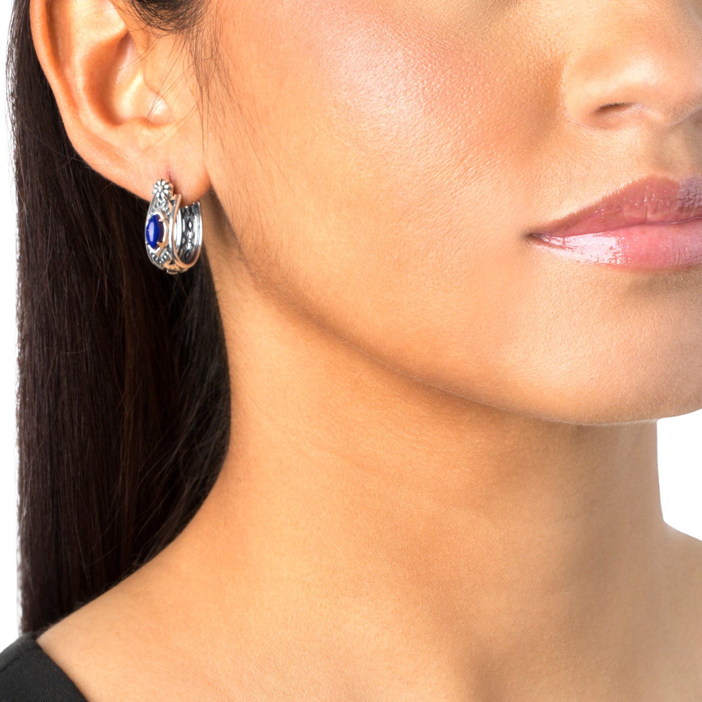 Sterling Silver Lapis Marquise Cut Huggie Hoop Earrings