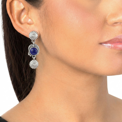 Sterling Silver Lapis Leaf and Concha Flower Dangle Earrings