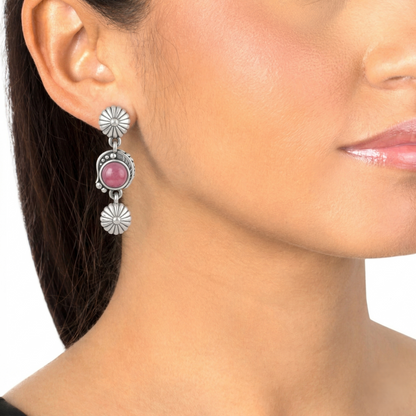 Sterling Silver Rhodonite Leaf and Concha Flower Dangle Earrings