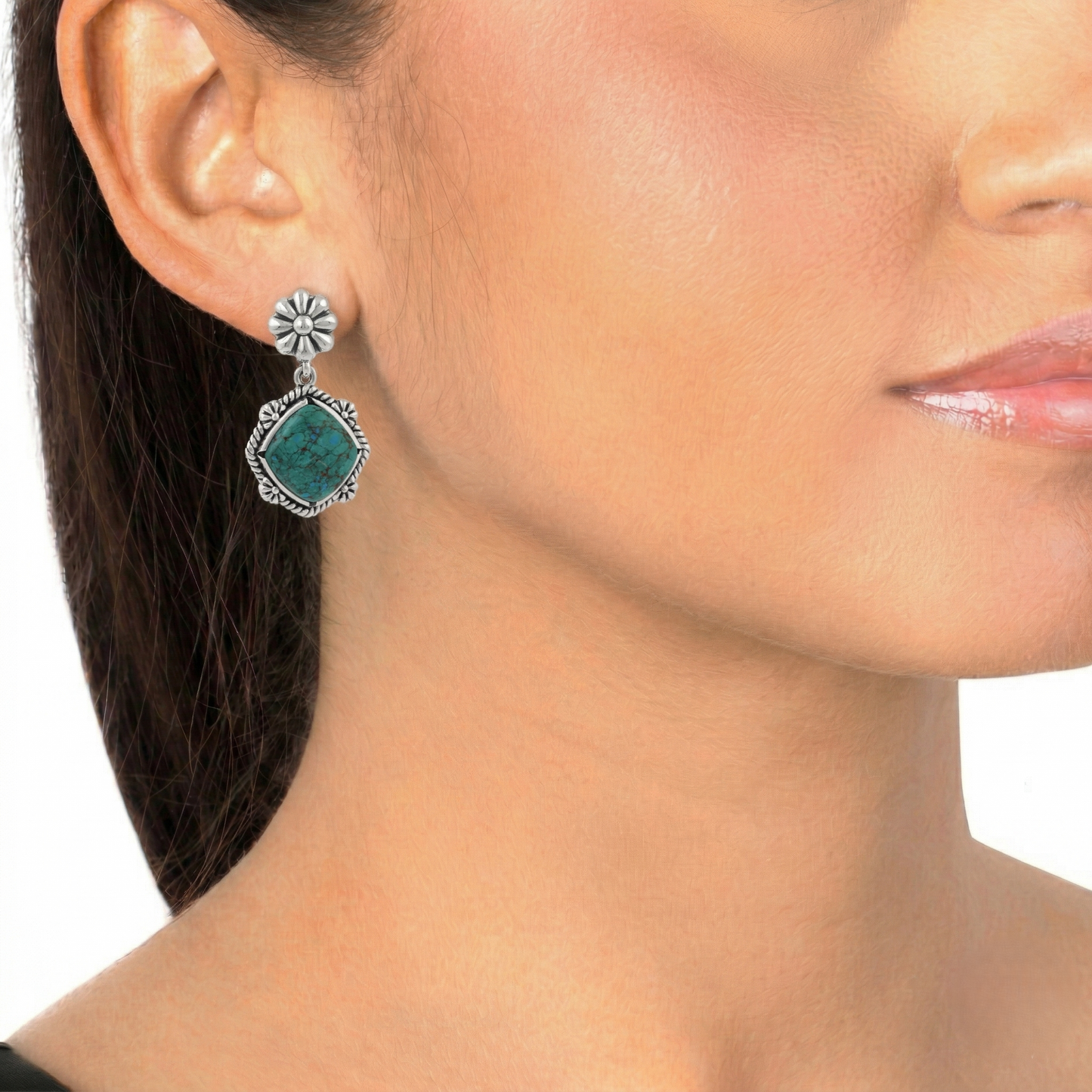 Sterling Silver Chrysocolla Cushion-Cut Concha Flower Post Earrings