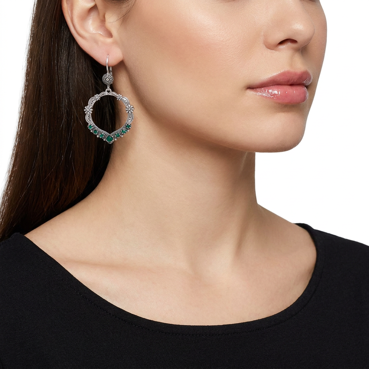 EXCLUSIVELY OURS! Sterling Silver Malachite Open Hoop Concha Lever Back Earrings