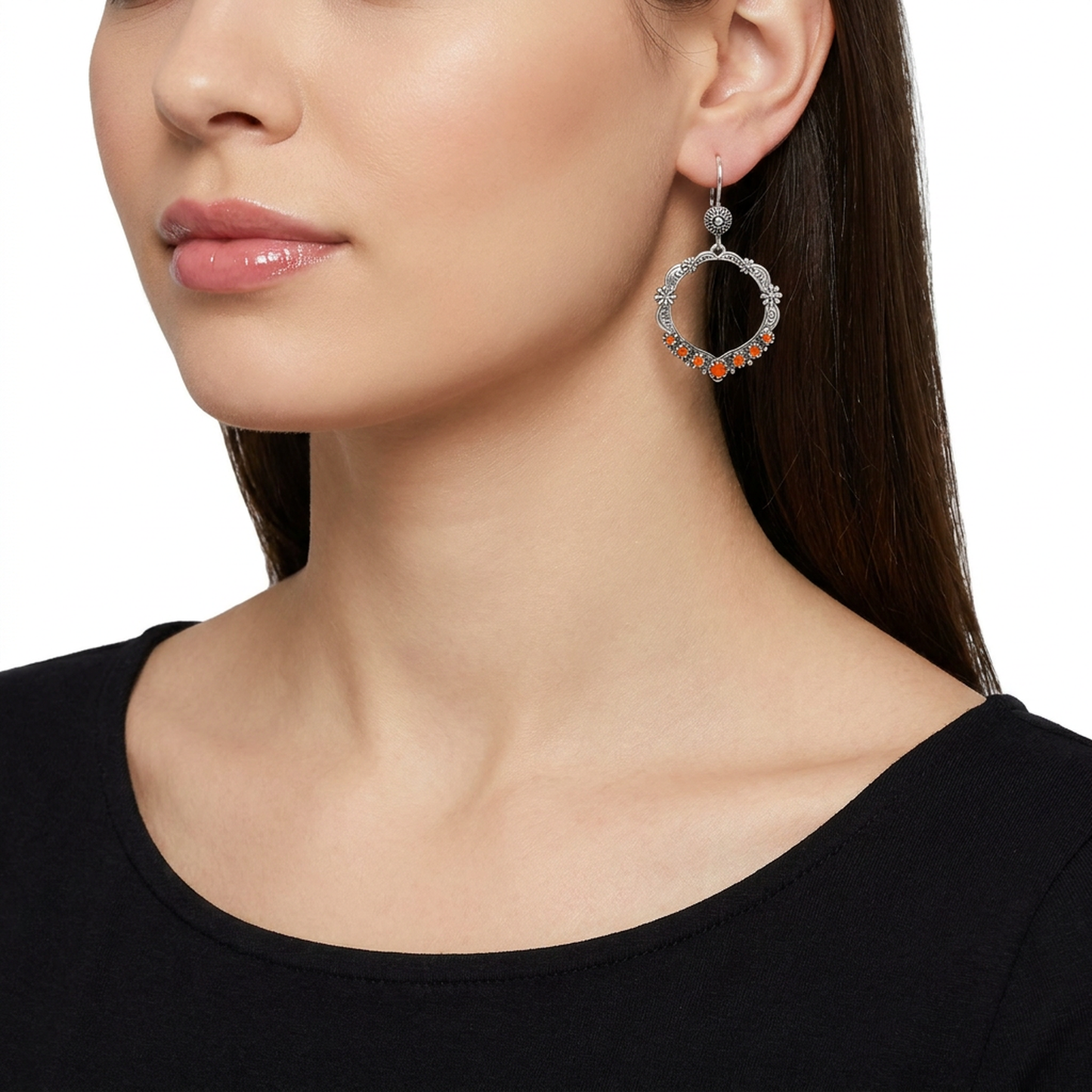 EXCLUSIVELY OURS! Sterling Silver Orange Spiny Oyster Open Hoop Concha Lever Back Earrings