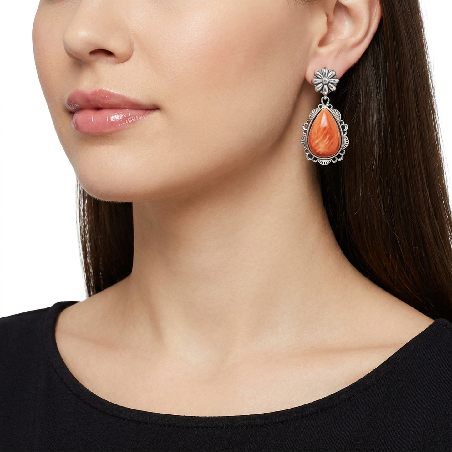 EXCLUSIVELY OURS! Sterling Silver Orange Spiny Oyster Pear-Cut Concha Dangle Earrings