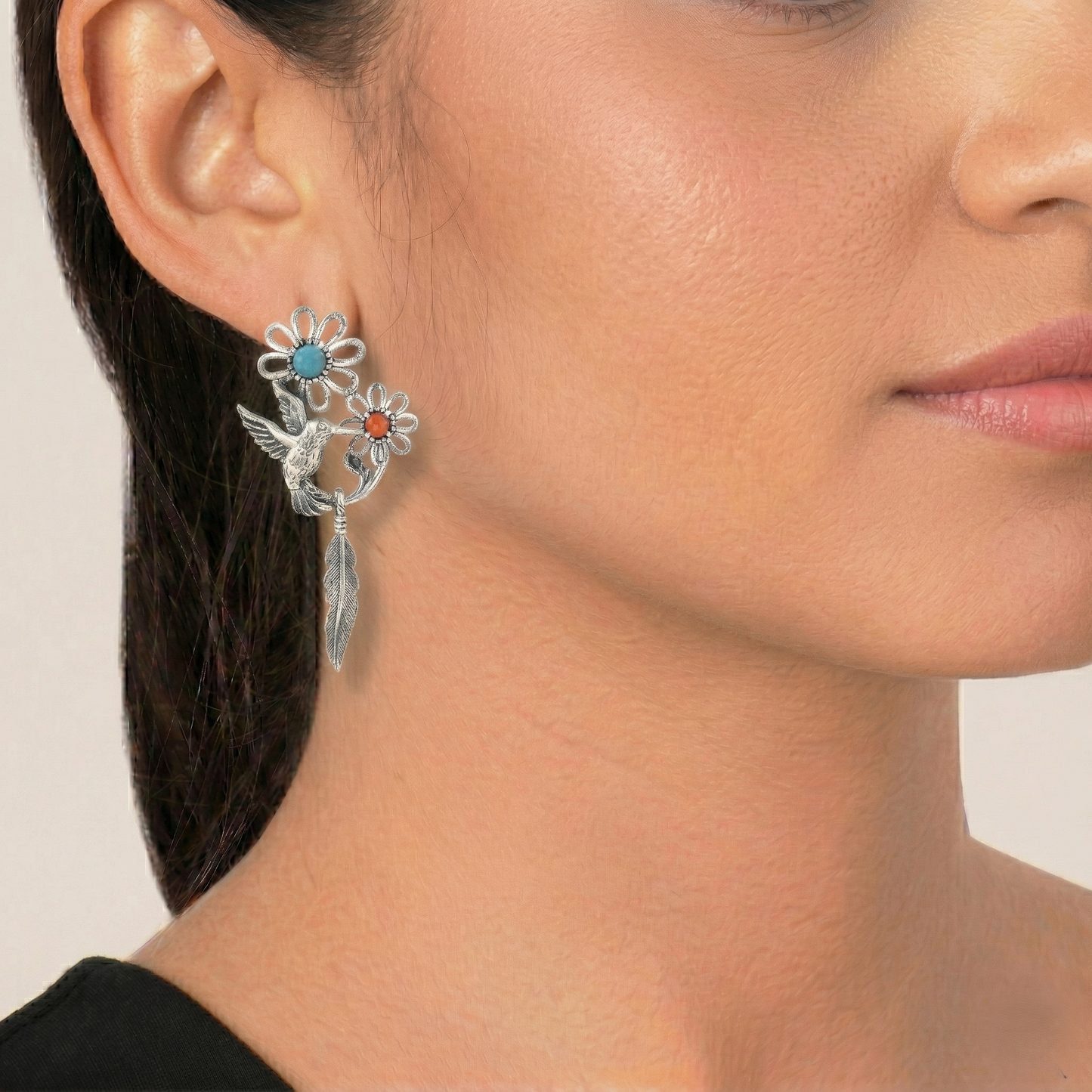 Sterling Silver Kingman Turquoise and Orange Spiny Oyster Fritz Casuse Hummingbird Flower Earrings