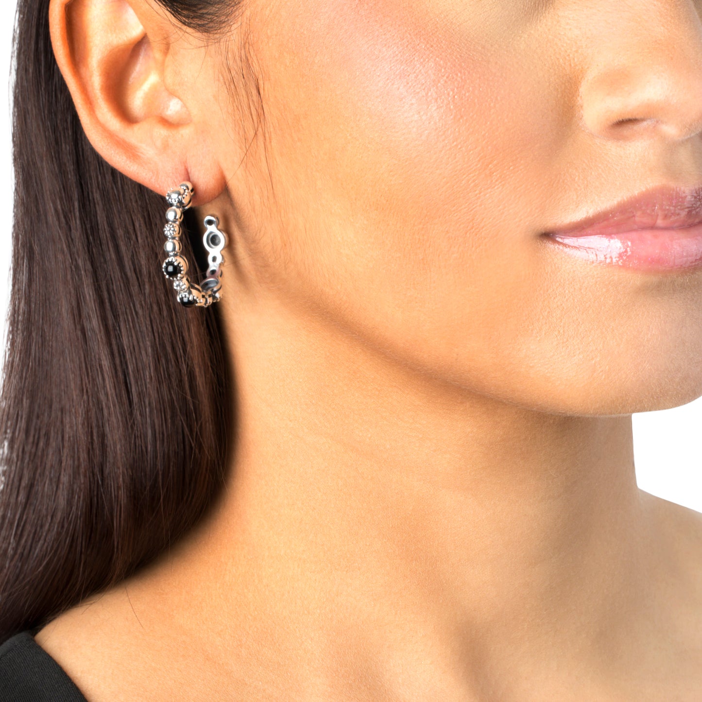 Sterling Silver Black Agate 1.25 Inch Concha Hoop Earrings