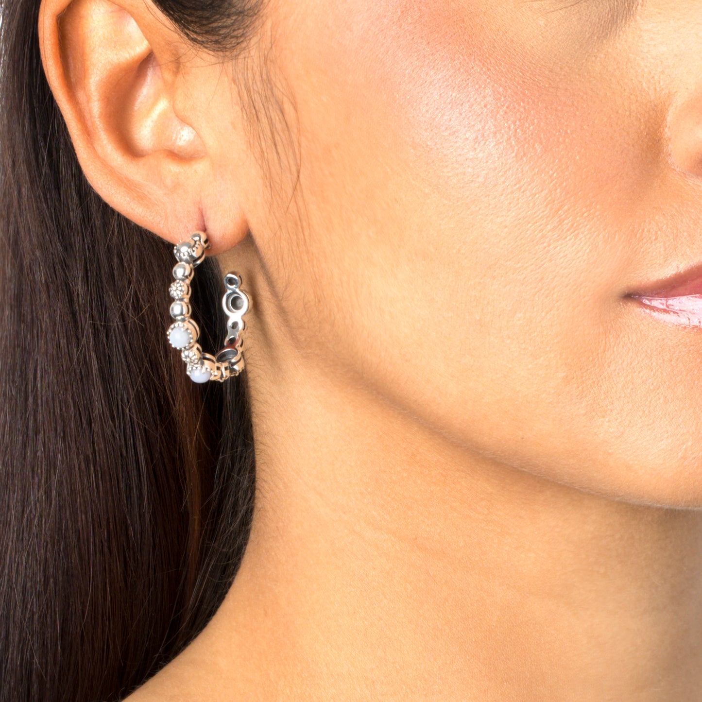 Sterling Silver Blue Lace Agate 1.25 Inch Concha Hoop Earrings