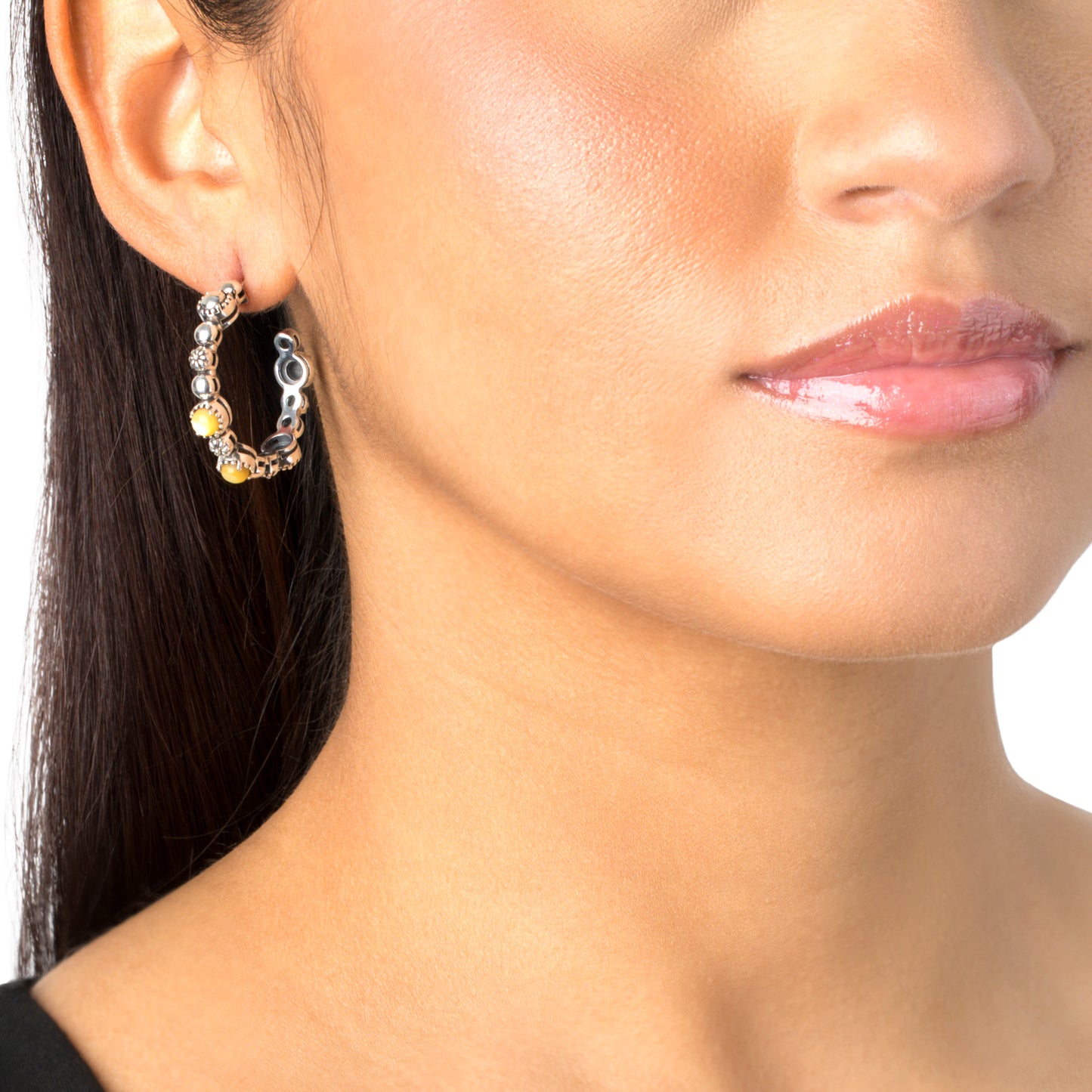 Sterling Silver Yellow Mother of Pearl 1.25 Inch Concha Hoop Earrings