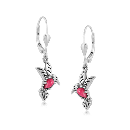 Sterling Silver Rhodonite Hummingbird Design Drop and Dangle Earrings