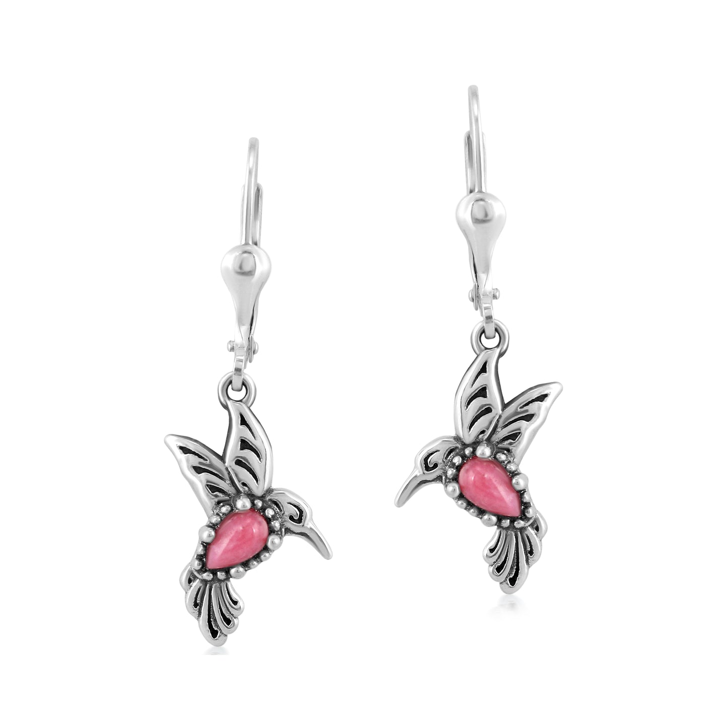 Southwestern Sterling Silver with Rhodonite Gemstone Hummingbird Design Drop and Dangle Earrings