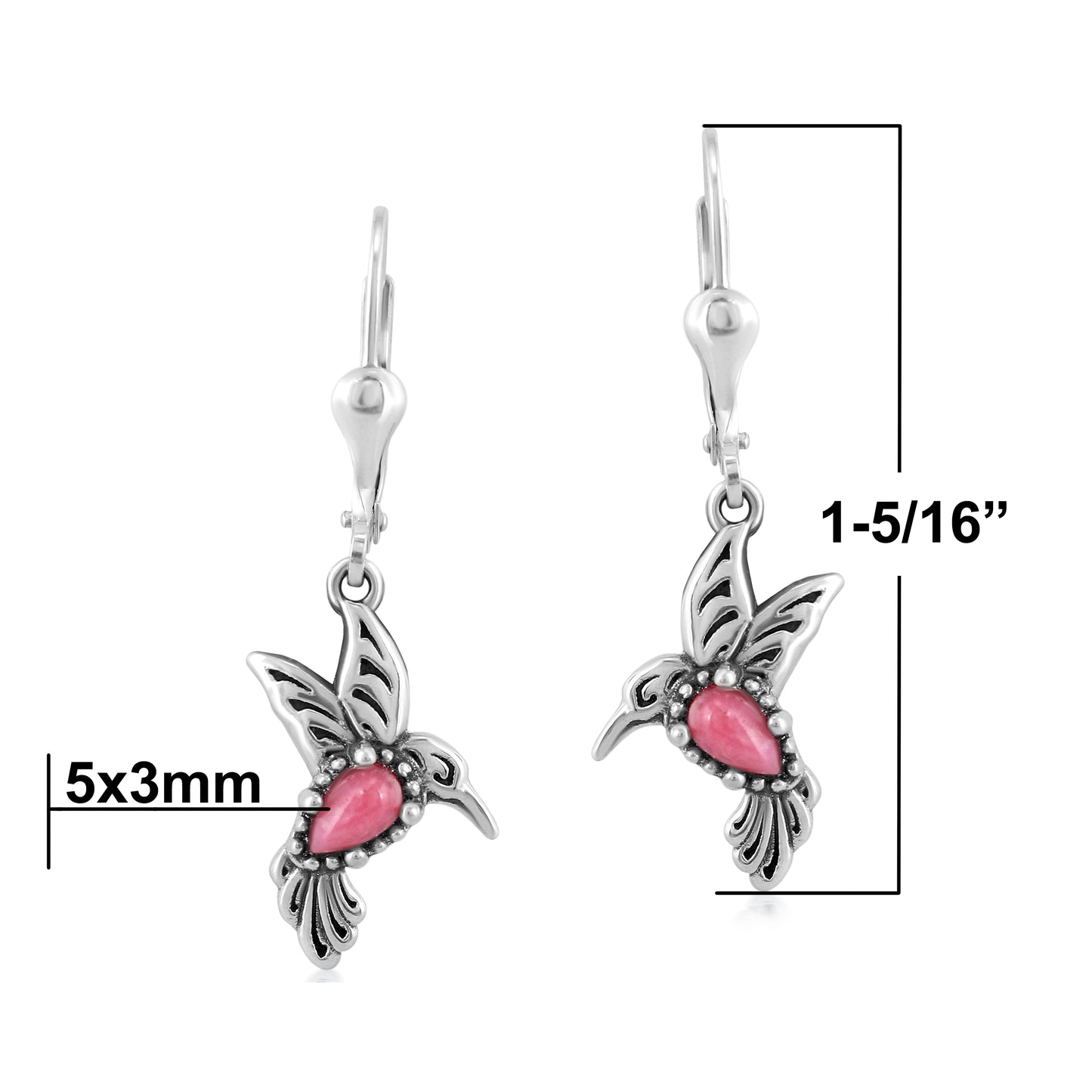 Sterling Silver Rhodonite Hummingbird Design Drop and Dangle Earrings