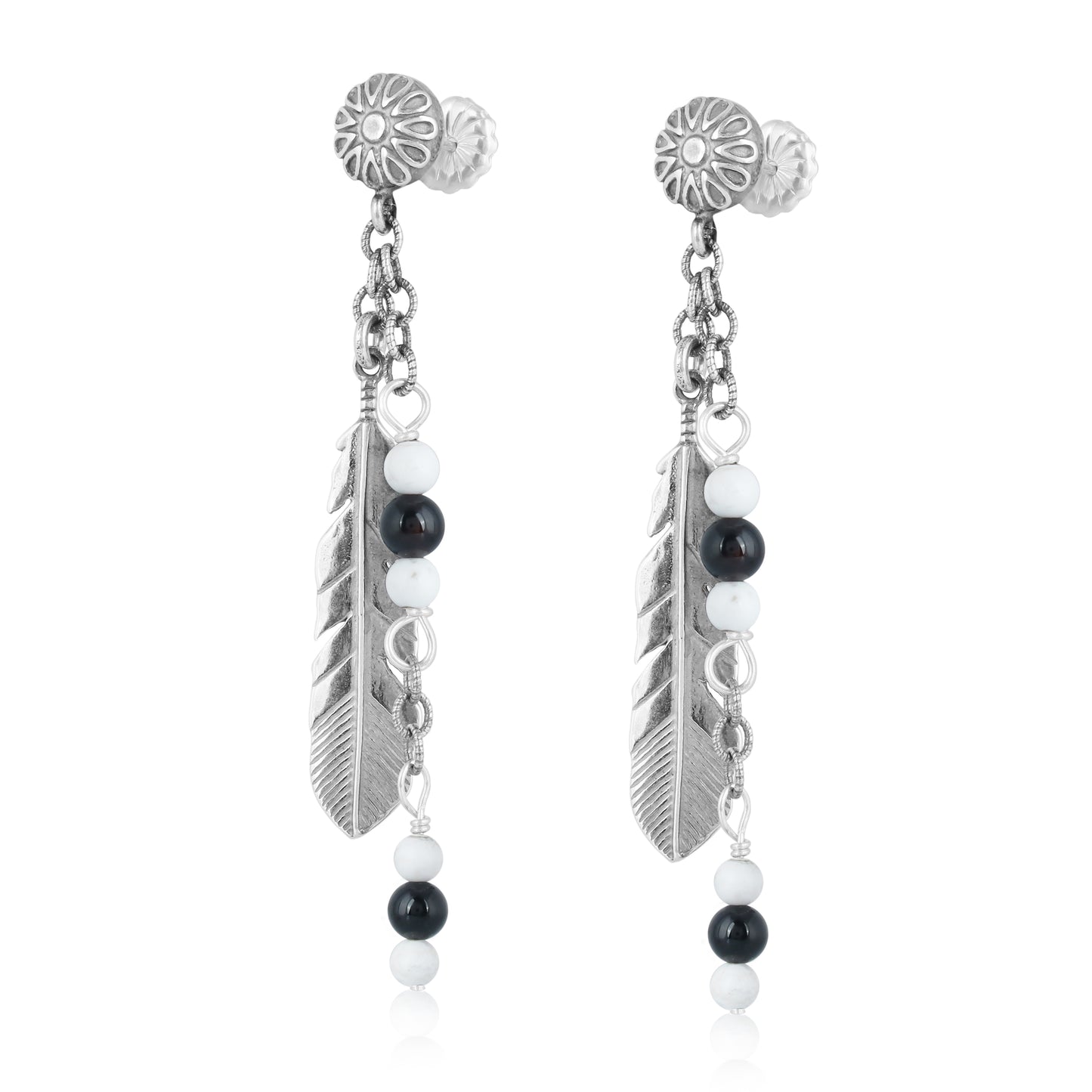 EXCLUSIVELY OURS! Sterling Silver with Black Agate and White Howlite Gemstone Feather Design Drop and Dangle Earrings